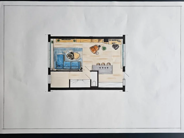 Wat houdt een interieurontwerp minimaal in? Wat krijg je allemaal en wat is extra?
Bij een interieurontwerp van mijn hand zijn de impressies altijd handgetekend. Ik werk grotendeels met de hand omdat ik zo het fijnste werk. Ik denk het beste na met pen en papier.

Een interieurontwerp bevat een in kleur opgewerkte plattegrond, zodat je ziet wat de indeling is, wat de kleuren samen doen en welk meubel wat voor kleur heeft.
Dit wordt versterkt met de 3D impressie, zo zie je hier bijvoorbeeld dat ik een kleurvlak op de wand doortrek op het plafond.
Ik noteer ook op een plattegrond wat je ziet en wat eventuele eigenaardigheden zijn om op te letten.
Zo noteer ik ook waar je met verlichting rekening moet houden.
Het kleurplan zegt welke kleur waar moet komen. Deze simpele manier zorgt voor de minste ruis tussen het plan en de schilder, zegt mijn jarenlange ervaring.
En ik zet natuurlijk een document op met de stijl en sfeer, welke meubels en kleuren we gebruiken. Dit zijn vaak meerdere pagina's vol meubels, materialen en kleuren.

Dit is de basis wat ik als interieurontwerp lever. Hiermee kan ik je meenemen shoppen voor de meubels en kunnen we het plan laten uitvoeren. Natuurlijk kan je hier ook zelf mee aan de slag.

Aangezien dit de basis is, kunnen we het plan nog uitbreiden. Maatwerk meubels en keukens. Nog meer verdiepen in de verlichting en de elektra die er nodig is. Bij grote verbouwplannen zet ik er ook wandaanzichten bij en schrijf ik een heel document uit om alles te verduidelijken voor de werkzaamheden en de offertes hiervoor.

Geen plan is hetzelfde. Niet hetzelfde in look en feel, want jij bent niet zoals je buren, en niet hetzelfde in hoeveelheid werk. Geen ruimte is hetzelfde, en één prijs eraan hangen lukt dus ook niet. Een interieurontwerp begint bij 1995,-, maar ik maak graag een offerte op maat voor je.